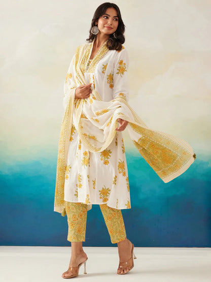 White and yellow floral printed kurta set