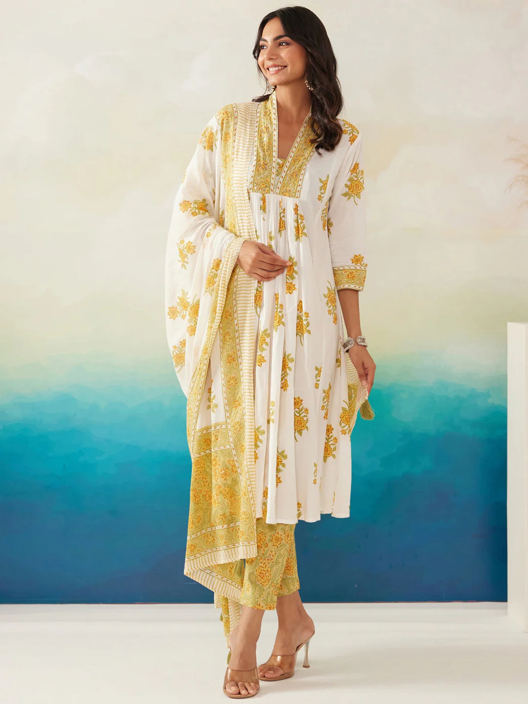 White and yellow floral printed kurta set