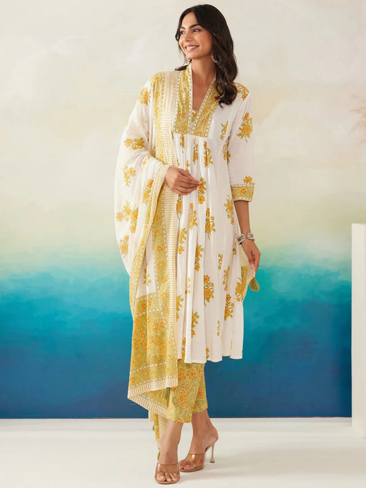White and yellow floral printed kurta set