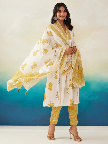White and yellow floral printed kurta set
