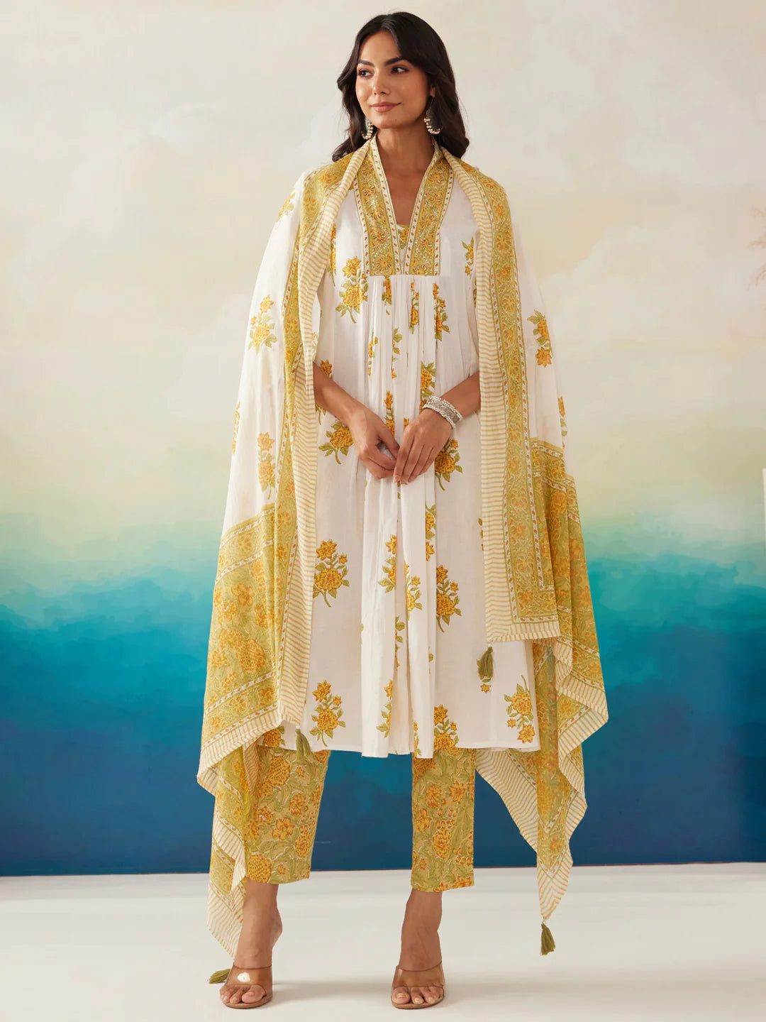 White and yellow floral printed kurta set