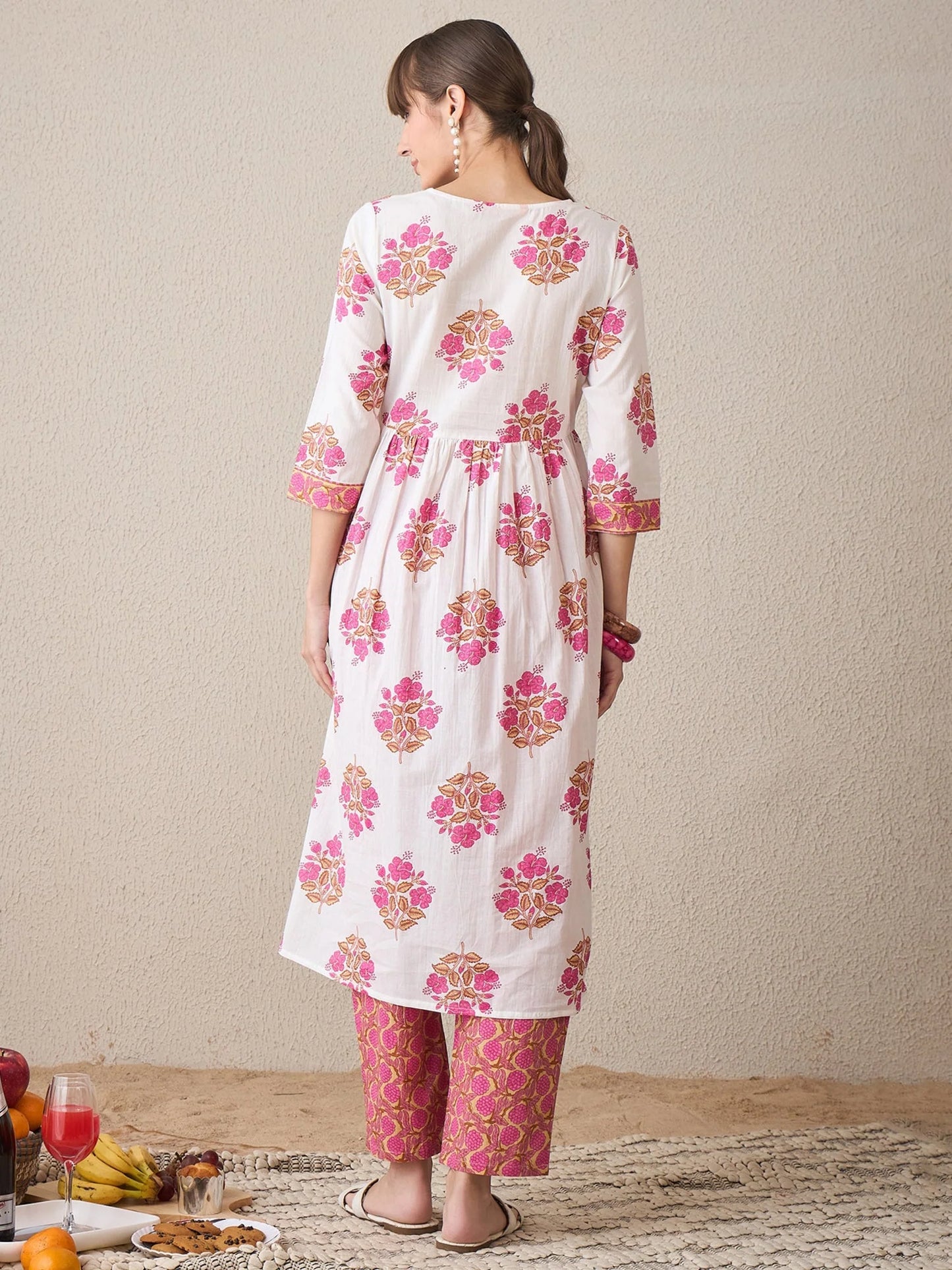 White & Pink Floral Handblock Printed Cotton Kurta Set