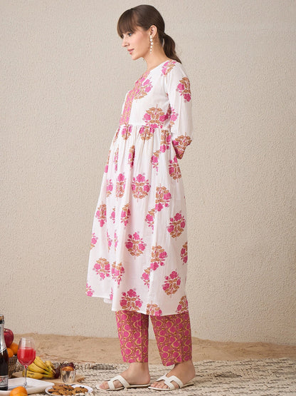 White & Pink Floral Handblock Printed Cotton Kurta Set