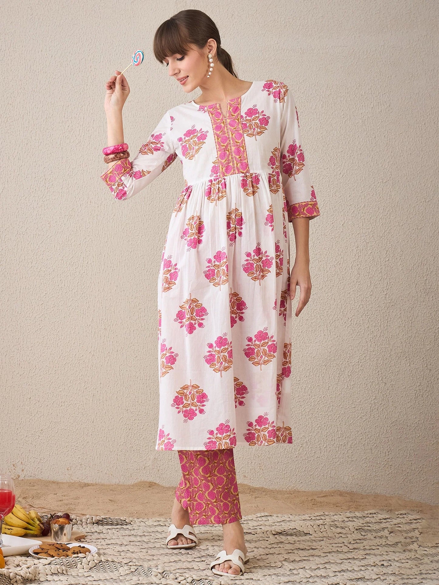 White & Pink Floral Handblock Printed Cotton Kurta Set