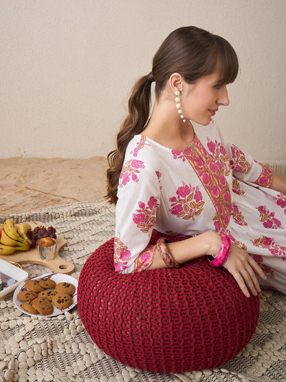 White & Pink Floral Handblock Printed Cotton Kurta Set
