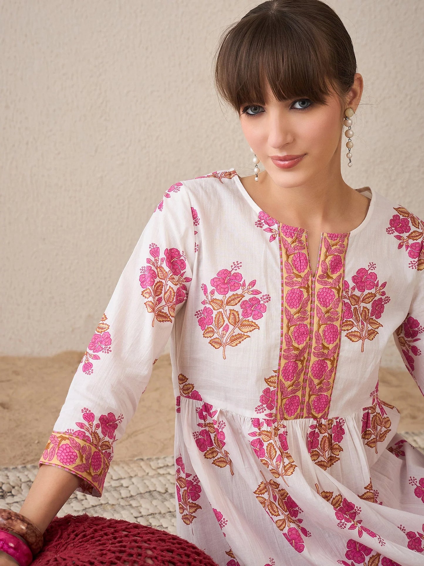 White & Pink Floral Handblock Printed Cotton Kurta Set