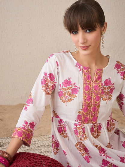 White & Pink Floral Handblock Printed Cotton Kurta Set