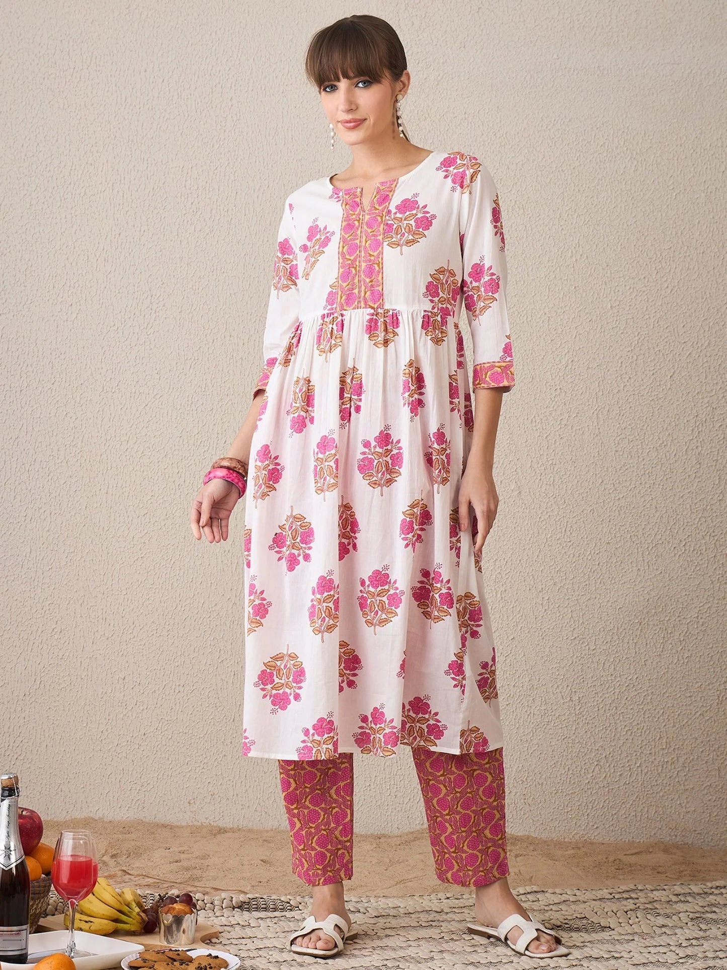 White & Pink Floral Handblock Printed Cotton Kurta Set