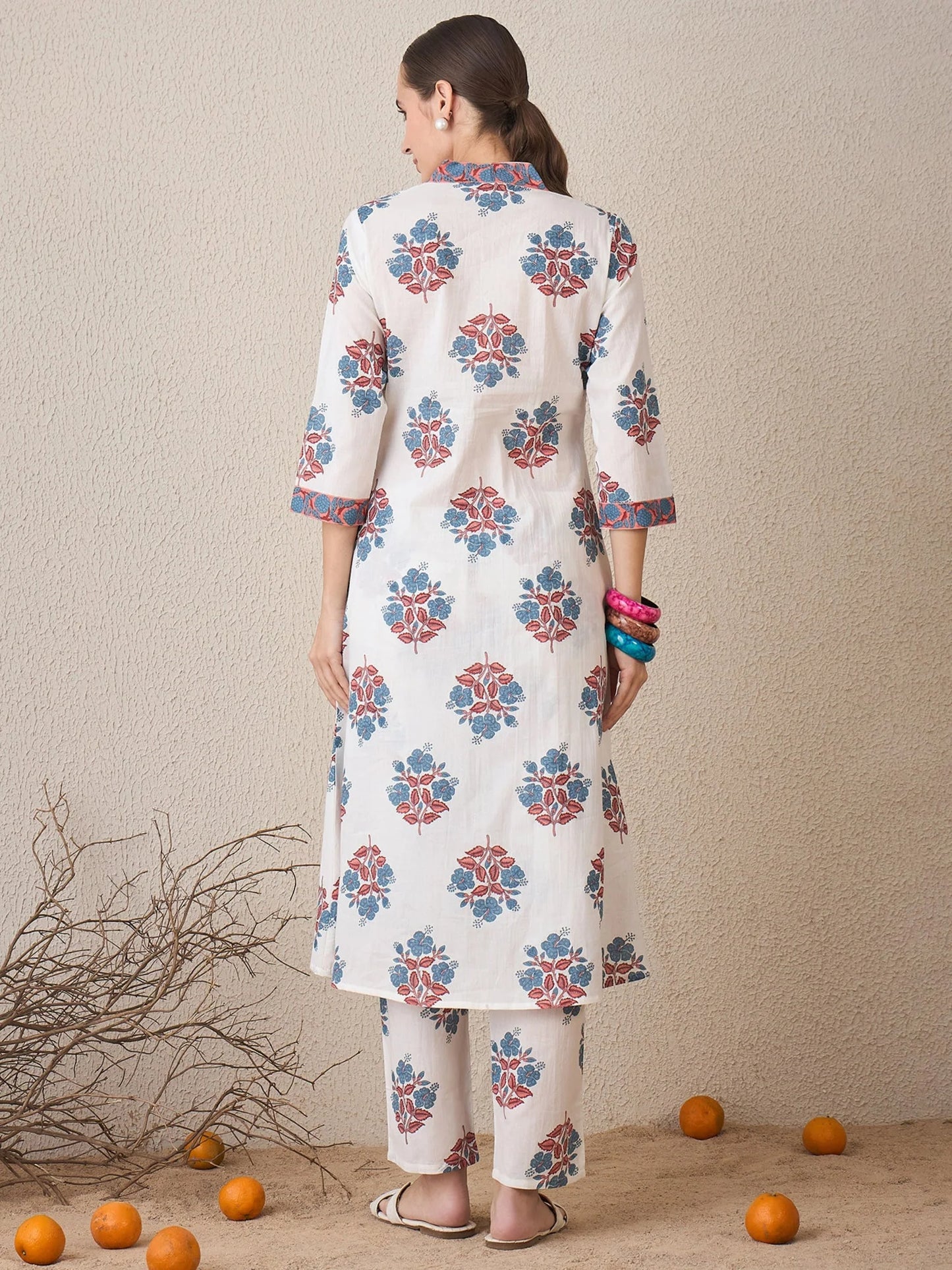 White & Blue Floral Handblock Printed Cotton Kurta Set