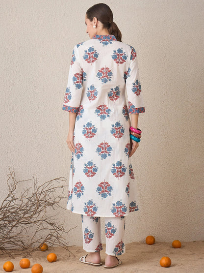 White & Blue Floral Handblock Printed Cotton Kurta Set