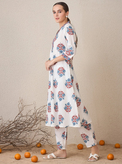 White & Blue Floral Handblock Printed Cotton Kurta Set