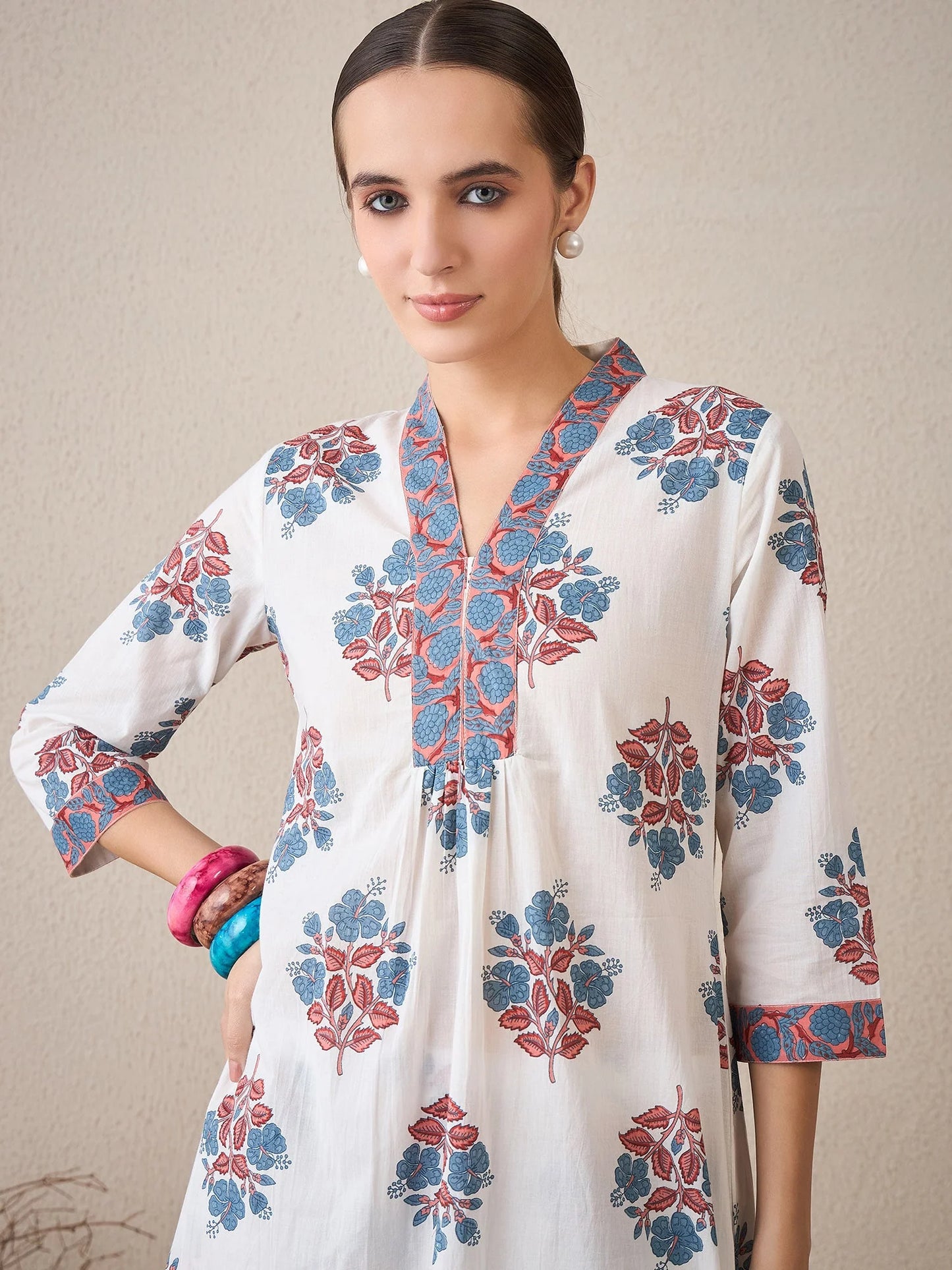 White & Blue Floral Handblock Printed Cotton Kurta Set
