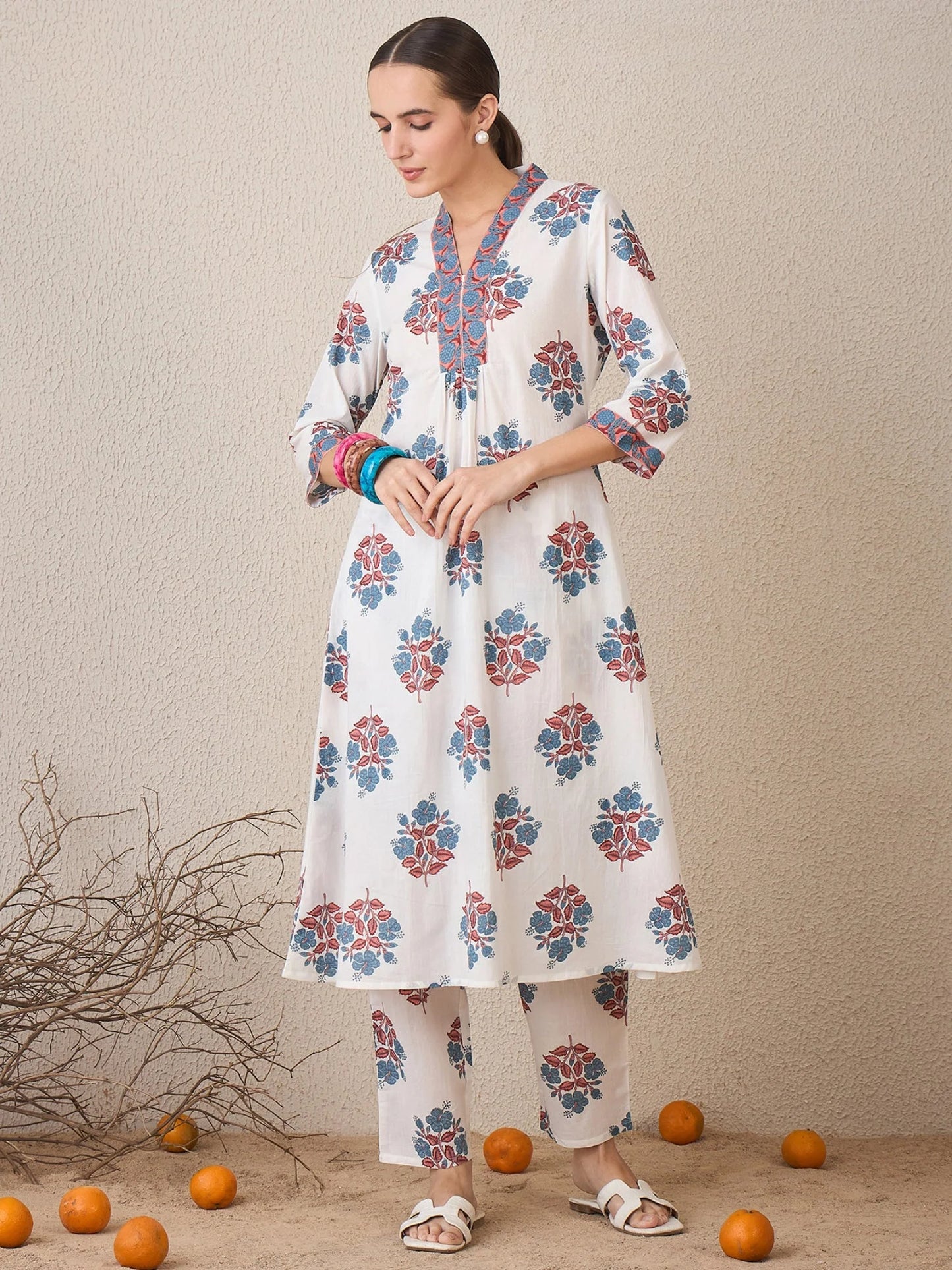 White & Blue Floral Handblock Printed Cotton Kurta Set