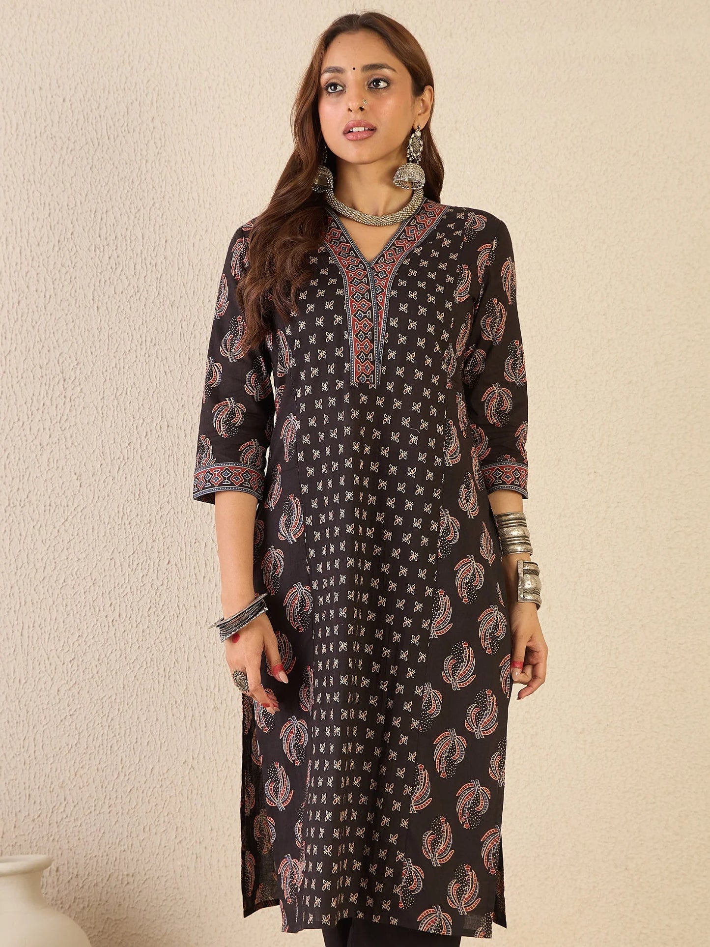 Black Printed Cotton Kurta