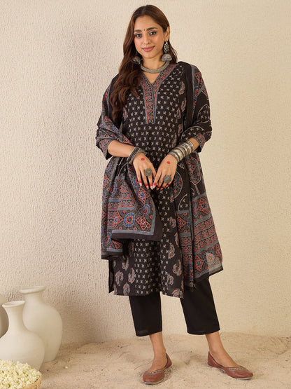 Black Printed Cotton Kurta
