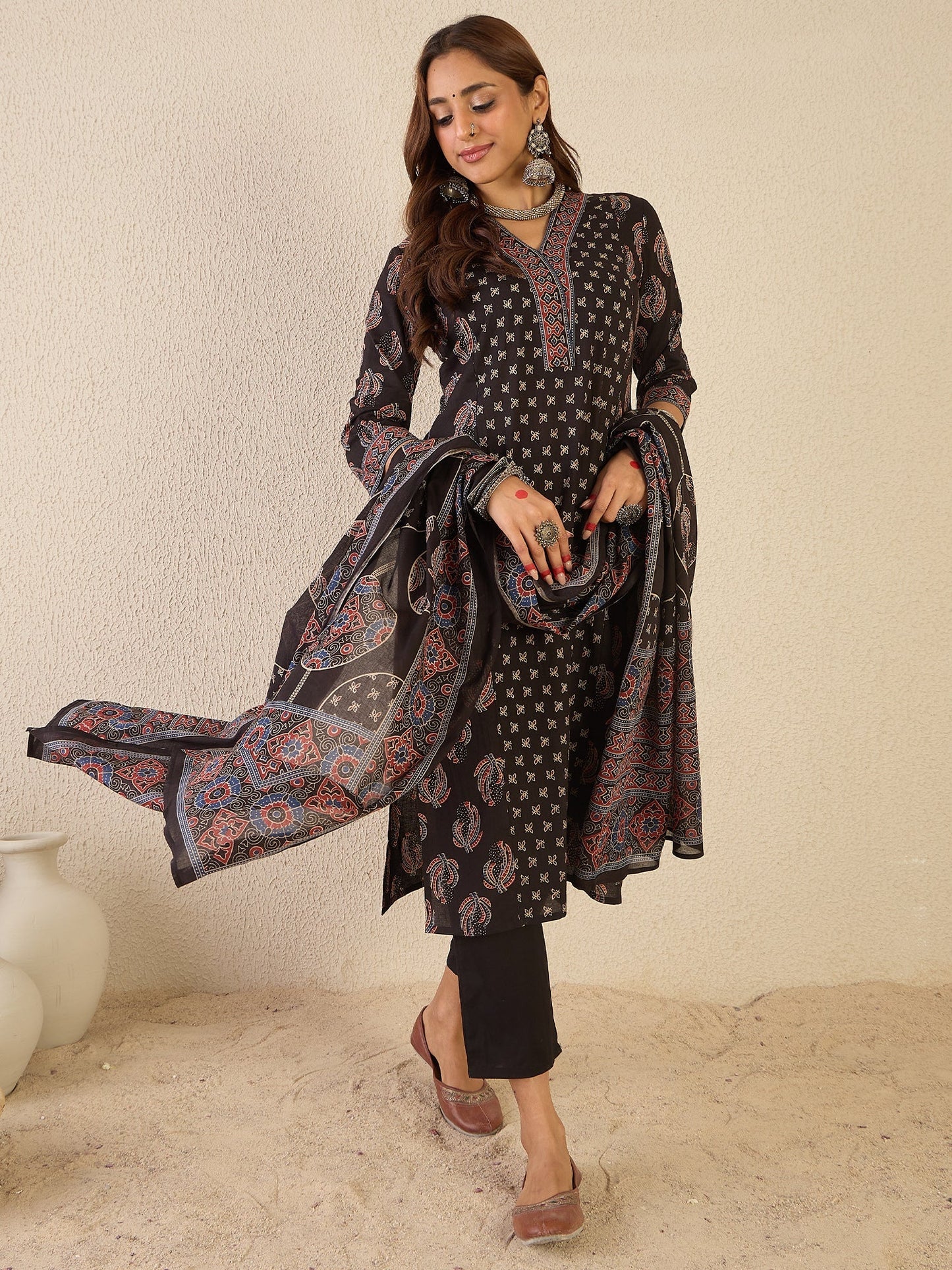 Black Printed Cotton Kurta