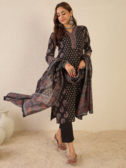 Black Printed Cotton Kurta