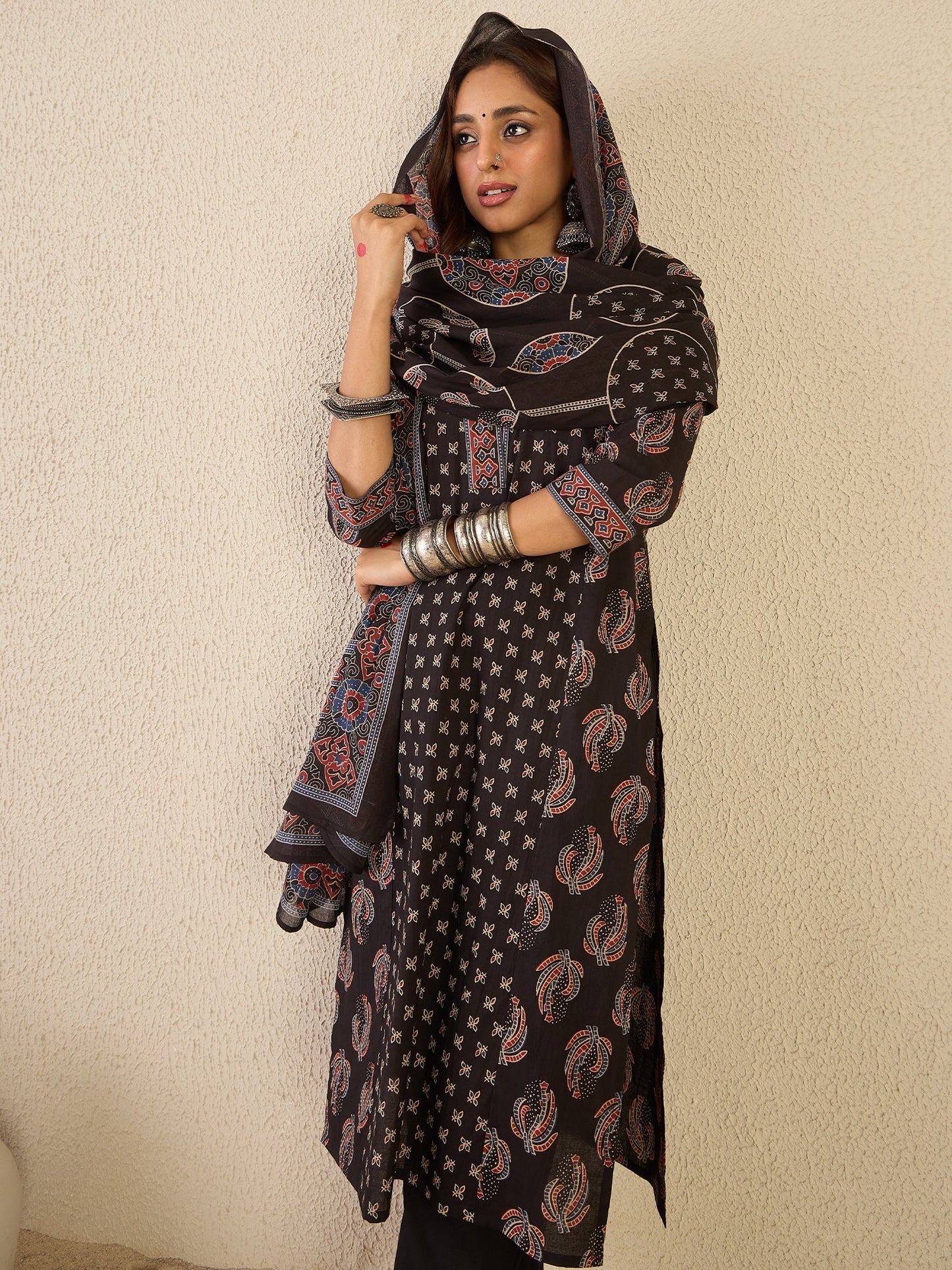 Black Printed Cotton Kurta