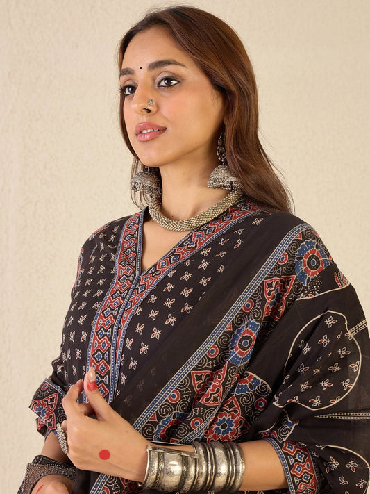 Black Printed Cotton Kurta