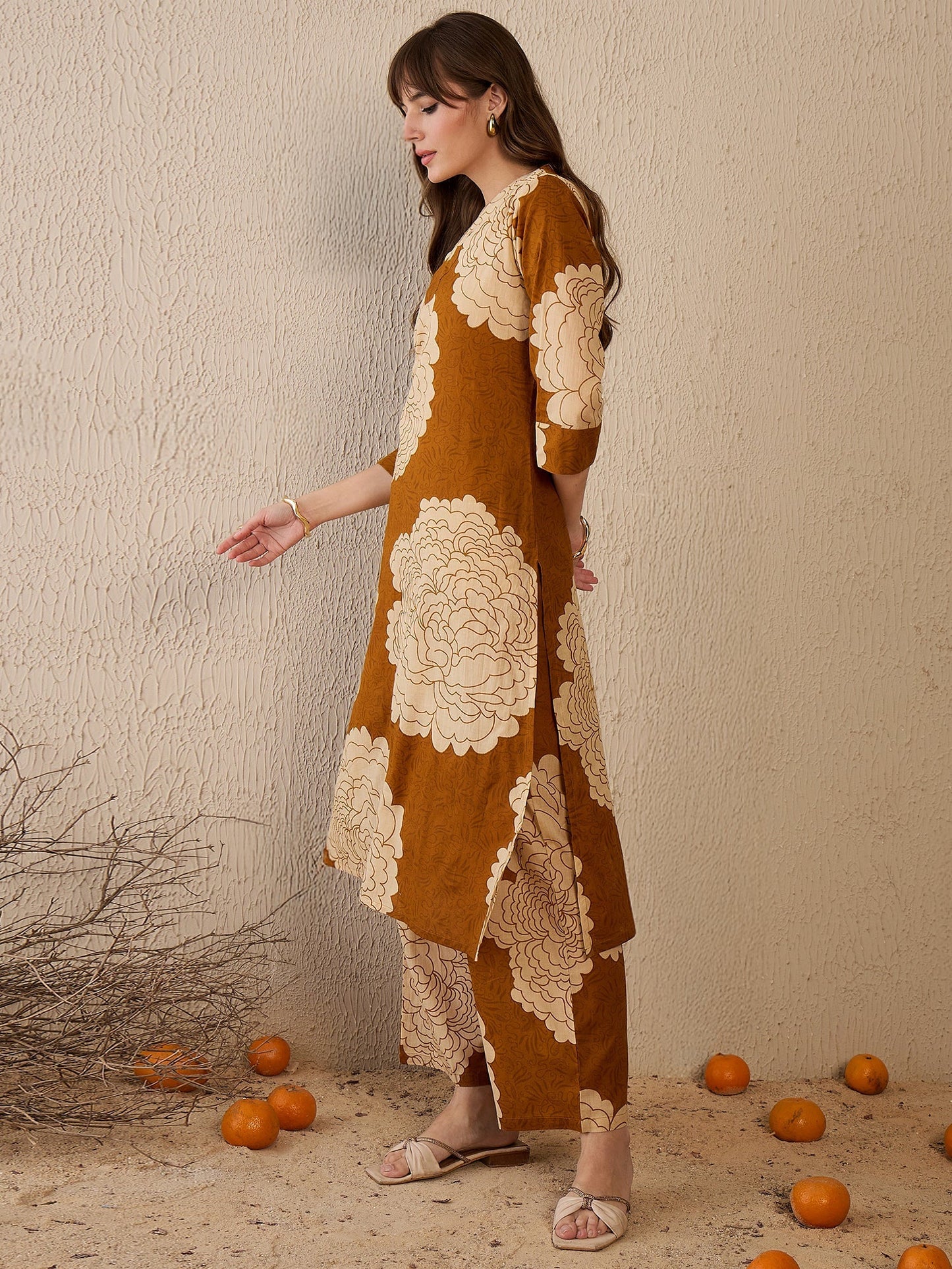 Mustard-brown floral printed kurta set