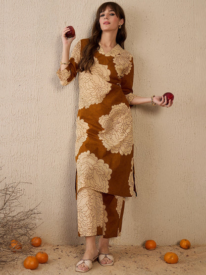 Mustard-brown floral printed kurta set