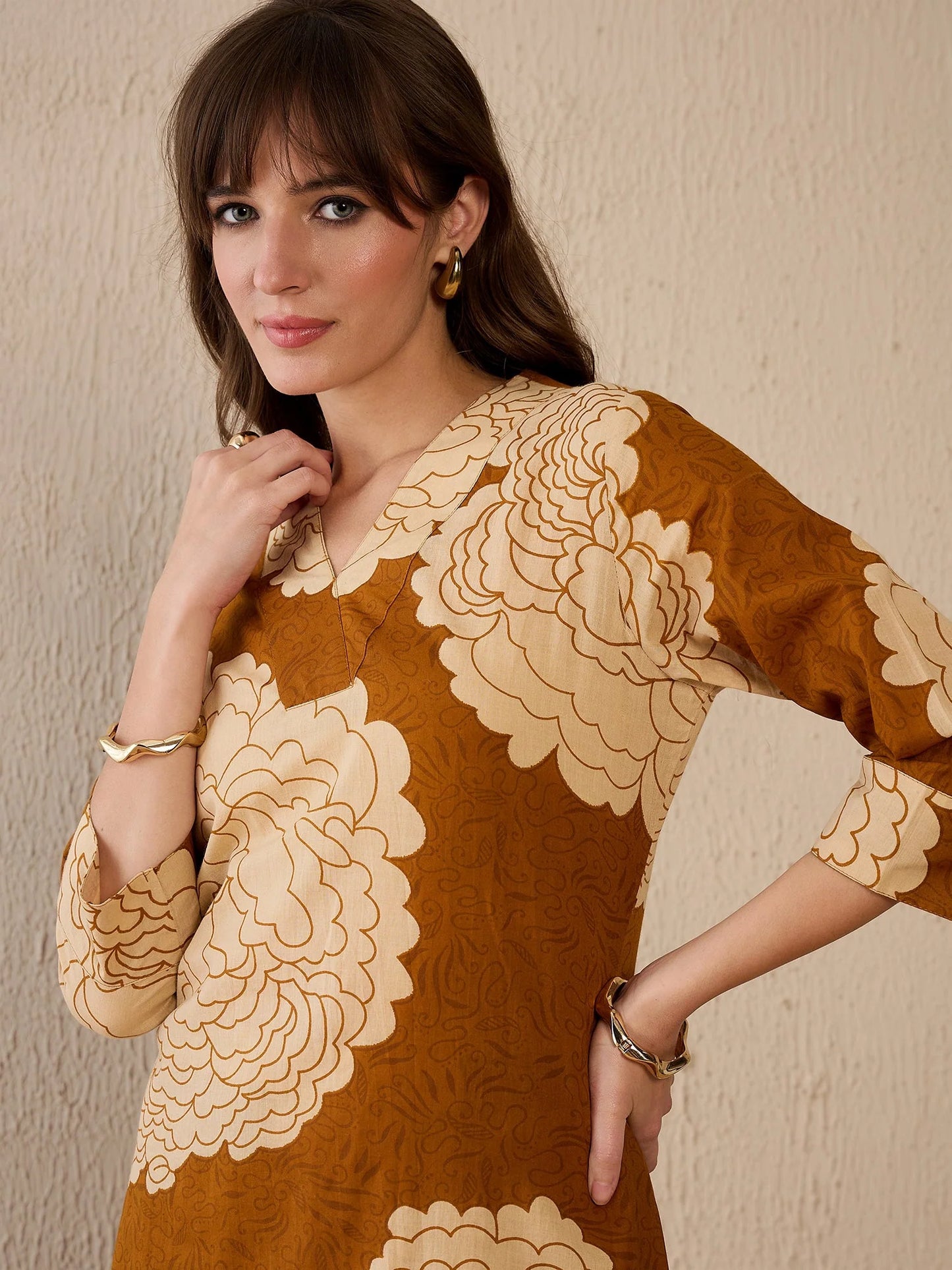 Mustard-brown floral printed kurta set