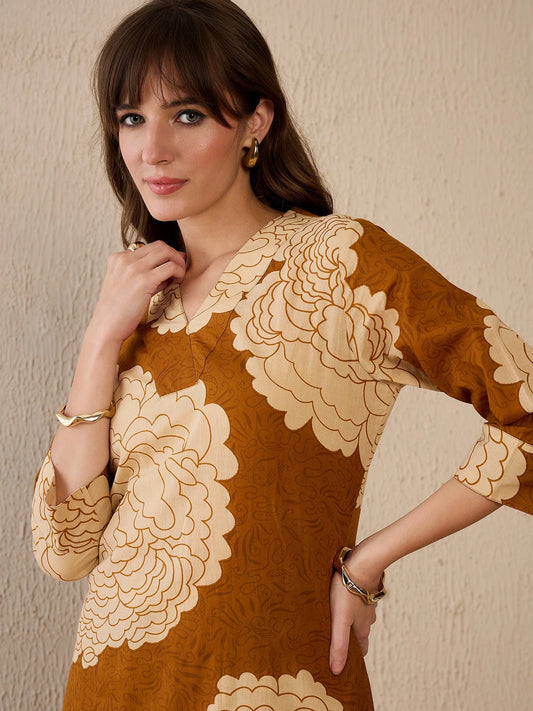 Mustard-brown floral printed kurta set