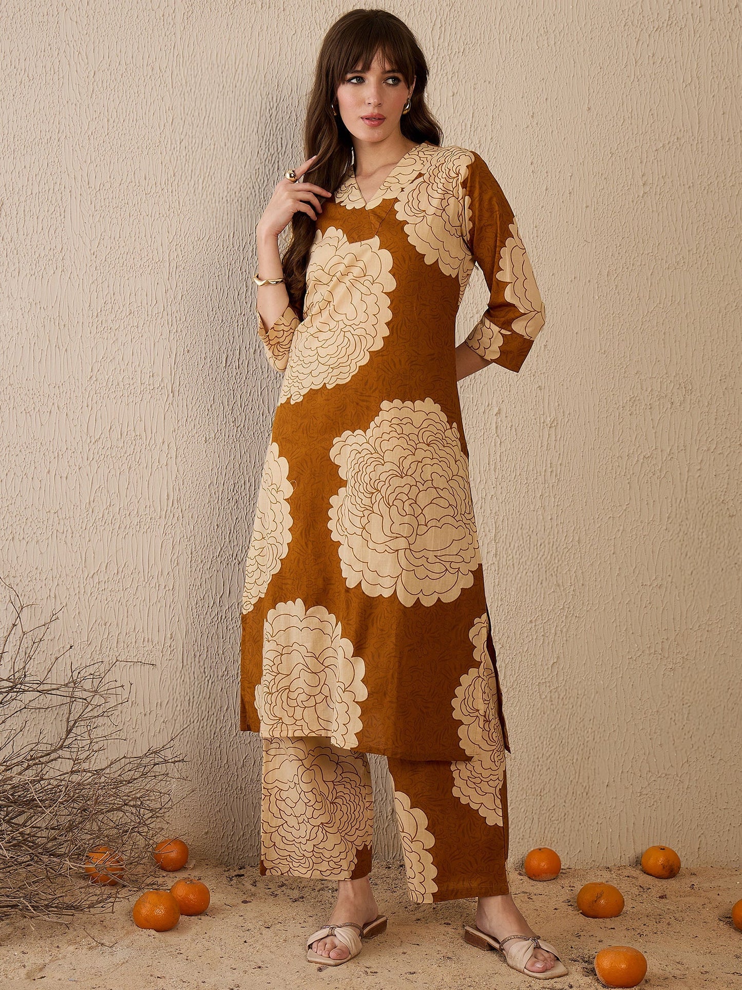 Mustard-brown floral printed kurta set