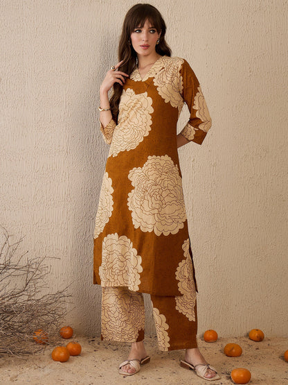Mustard-brown floral printed kurta set