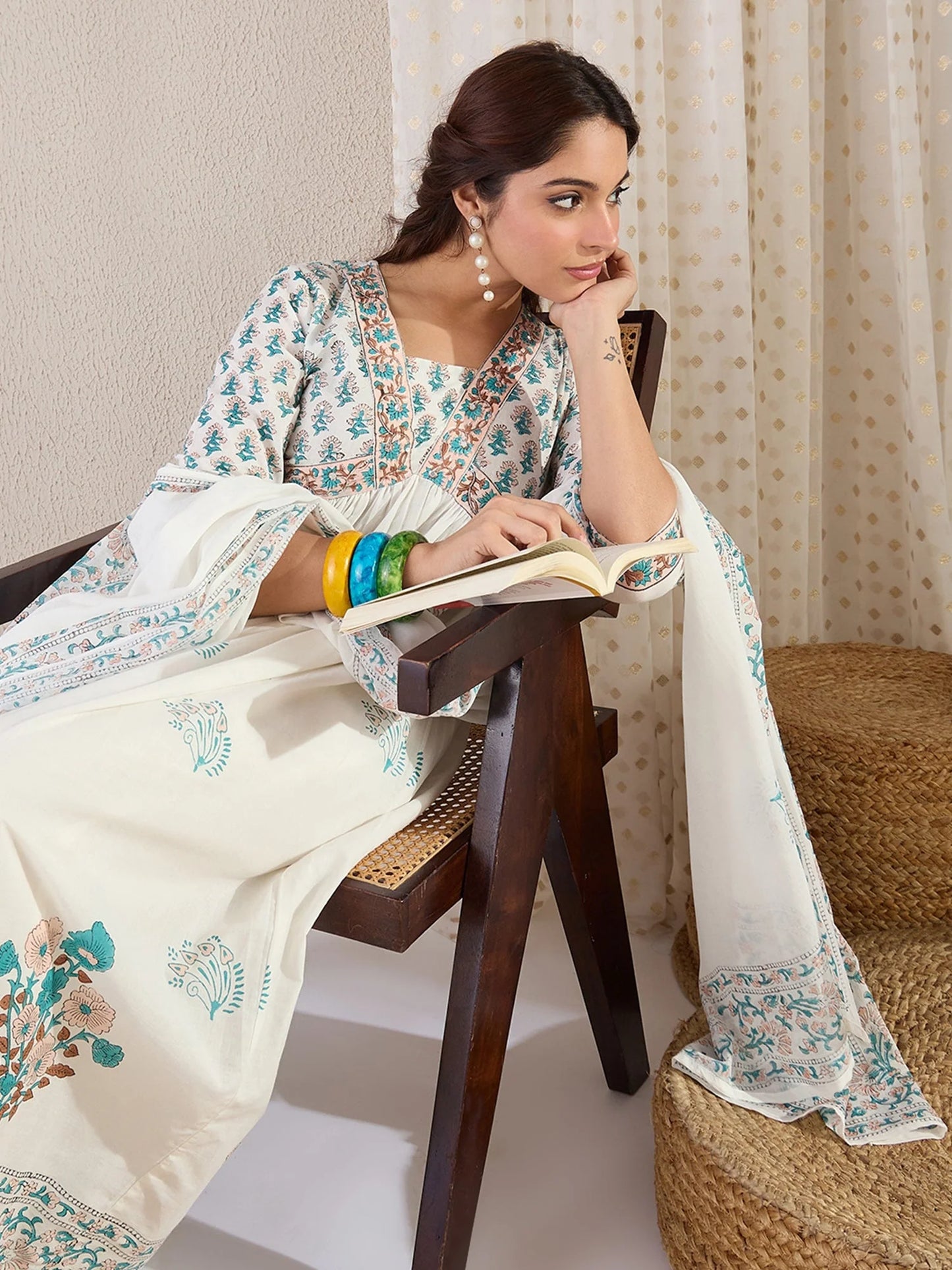 White & Teal Floral Printed Anarkali Kurta Set