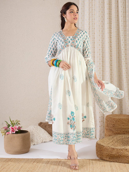 White & Teal Floral Printed Anarkali Kurta Set