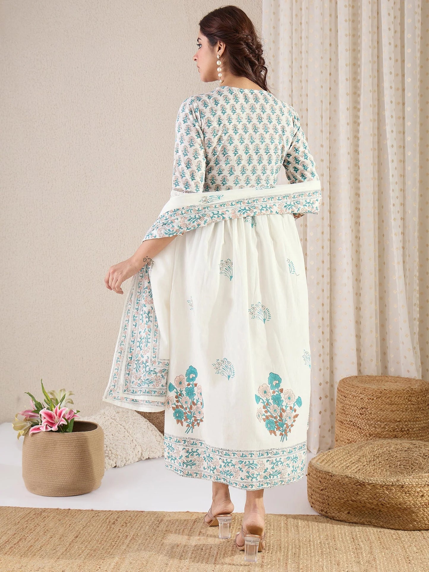 White & Teal Floral Printed Anarkali Kurta Set