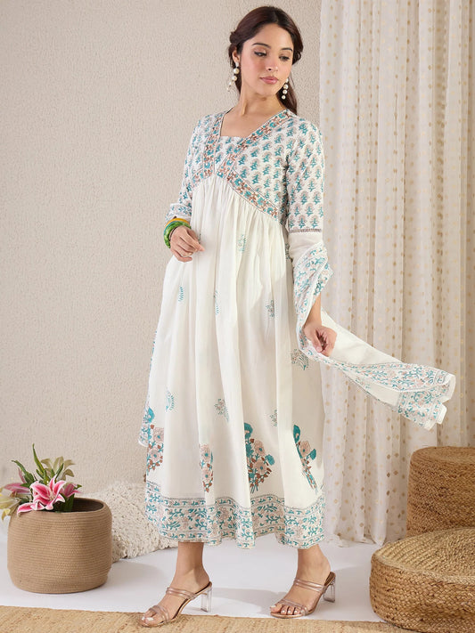 White & Teal Floral Printed Anarkali Kurta Set