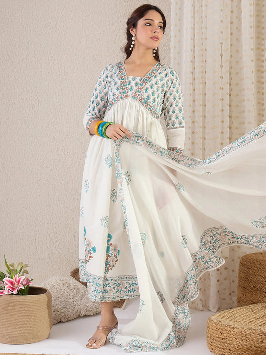White & Teal Floral Printed Anarkali Kurta Set