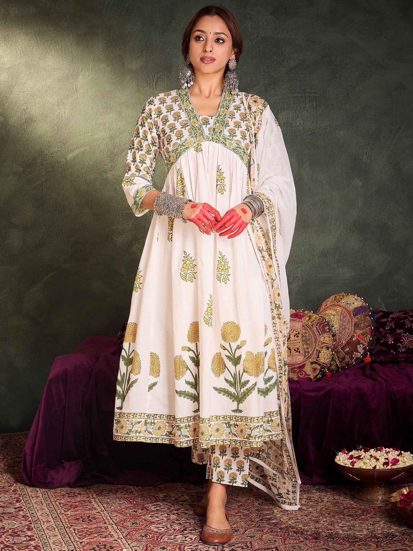 Lvory & Green Handblock Printed Anarkali Suit Set