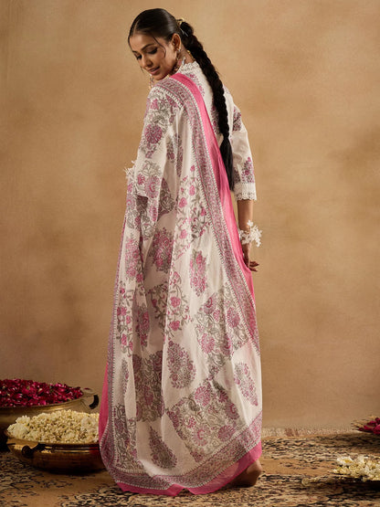 Lvory & Pink Handblock Printed Cotton Suit Set