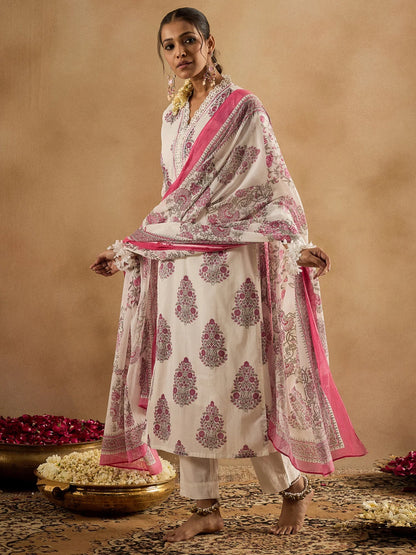 Lvory & Pink Handblock Printed Cotton Suit Set