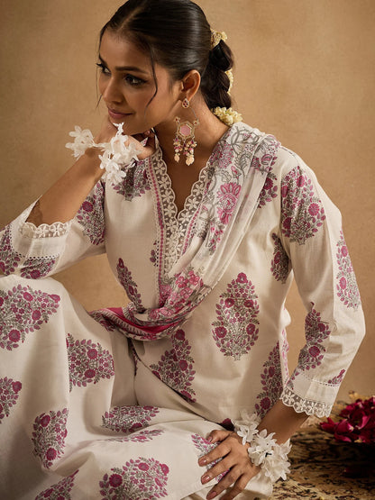 Lvory & Pink Handblock Printed Cotton Suit Set