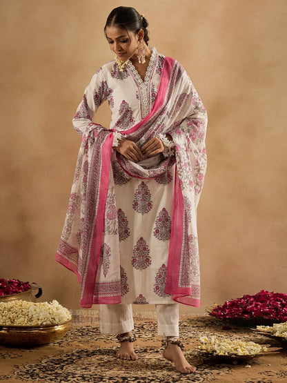 Lvory & Pink Handblock Printed Cotton Suit Set