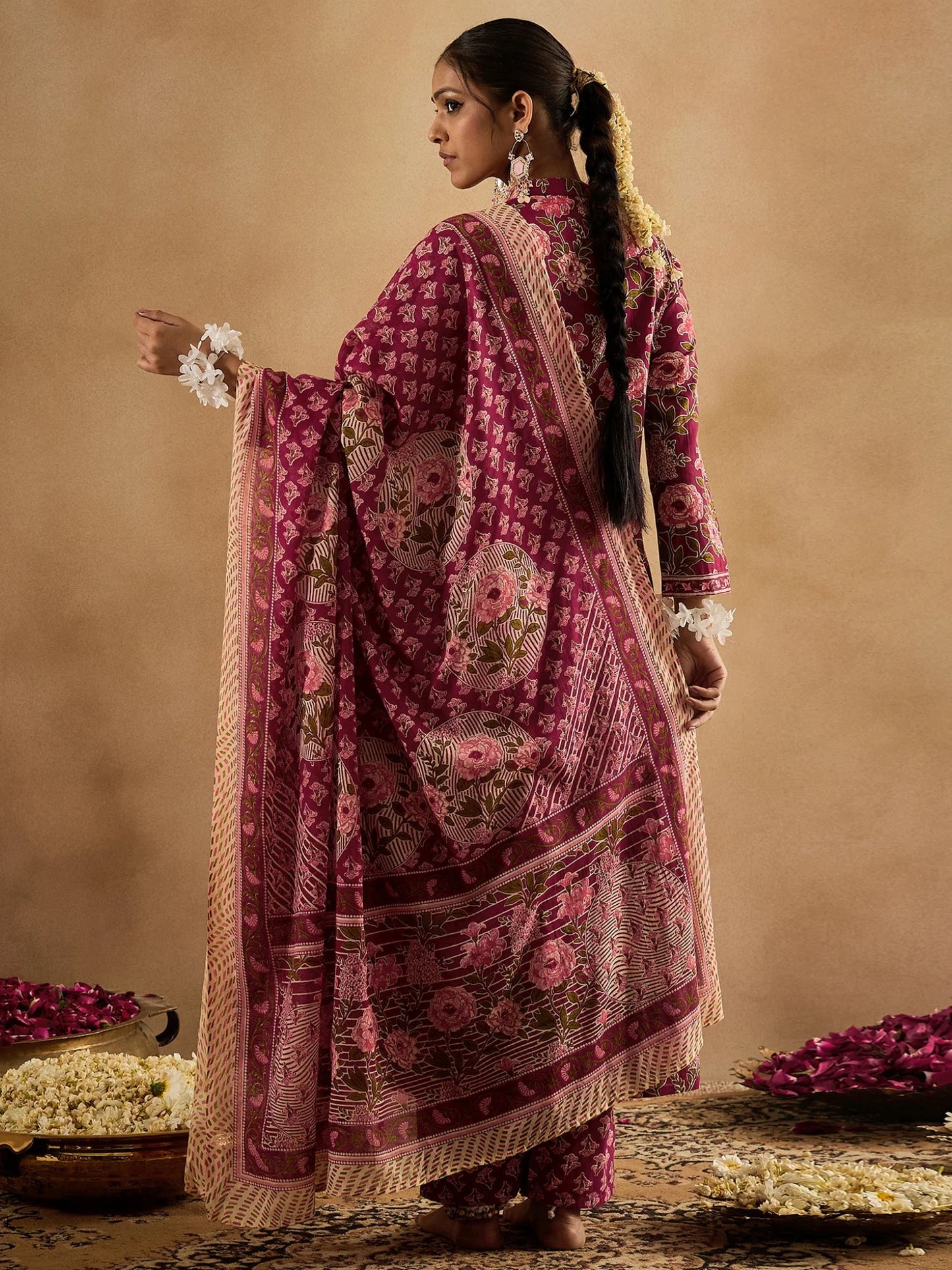 Maroon Floral Printed Cotton Suit Set with Dupatta