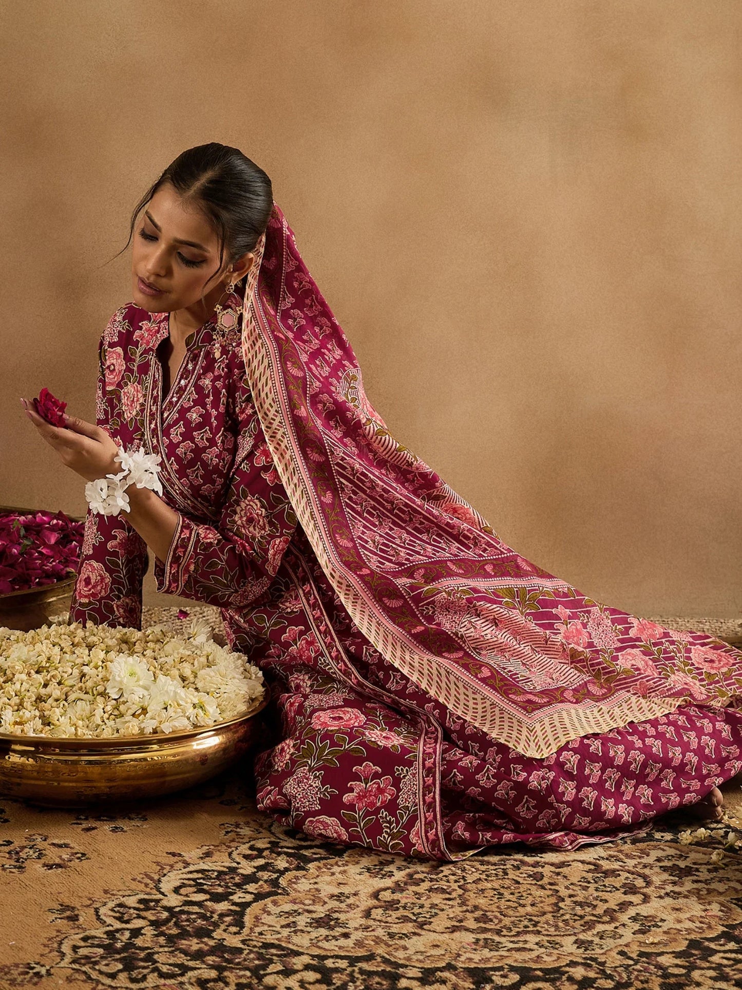 Maroon Floral Printed Cotton Suit Set with Dupatta