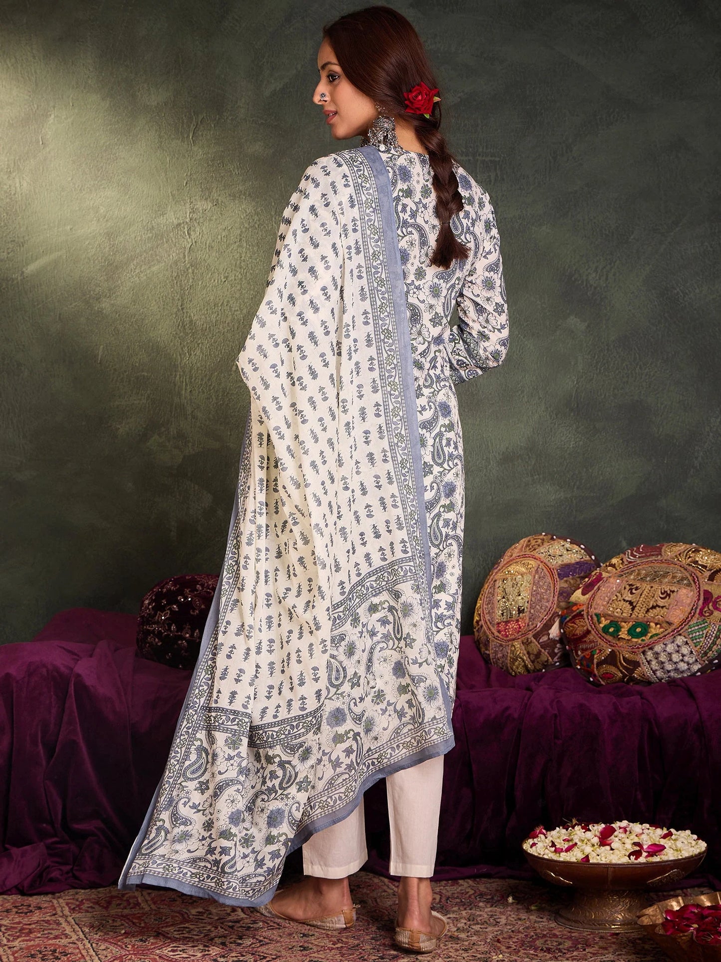 Elegant Hand Block Printed Cotton Kurta Set with Dupatta – Grey & White