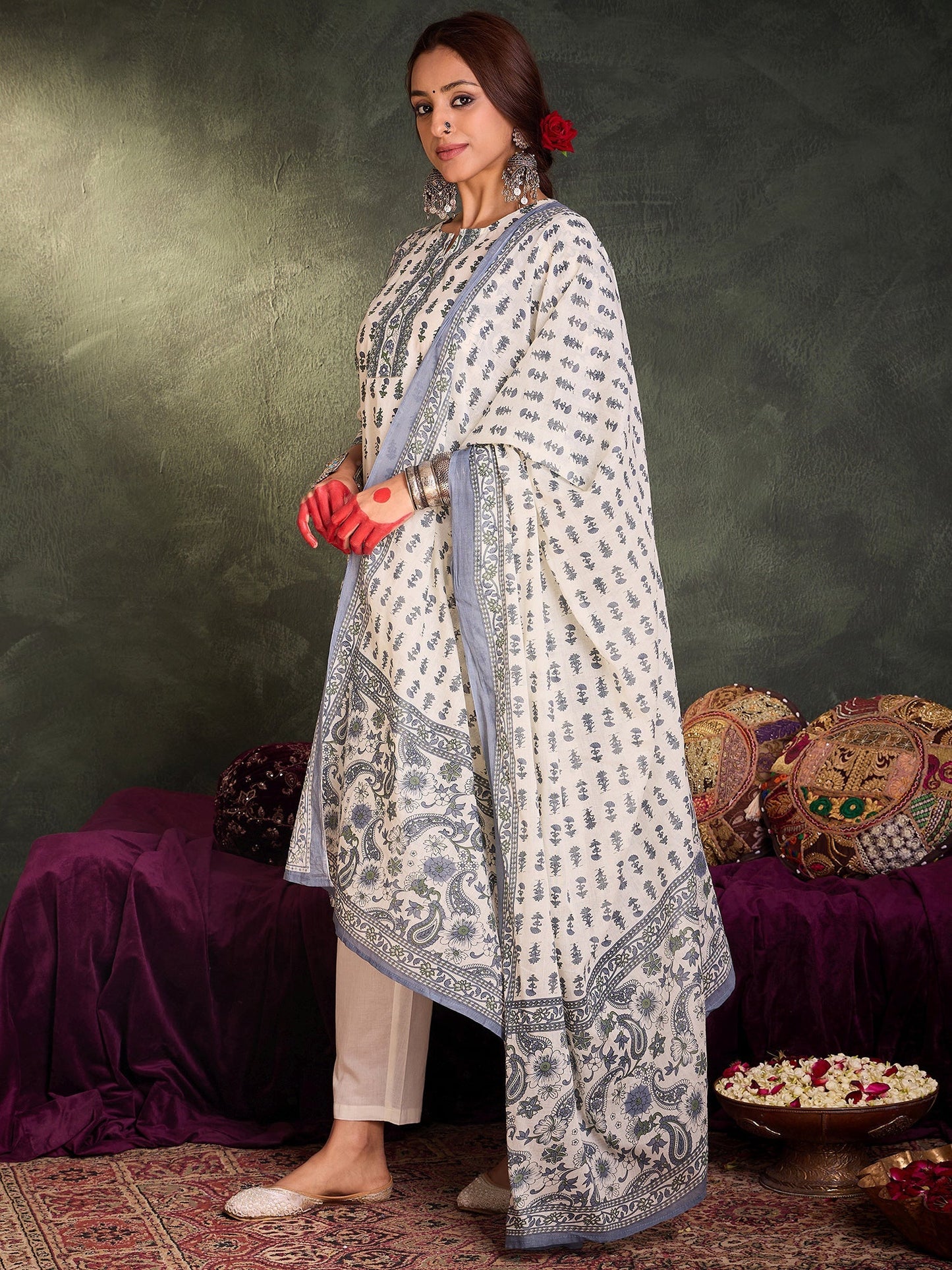Elegant Hand Block Printed Cotton Kurta Set with Dupatta – Grey & White