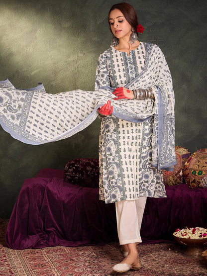 Elegant Hand Block Printed Cotton Kurta Set with Dupatta – Grey & White
