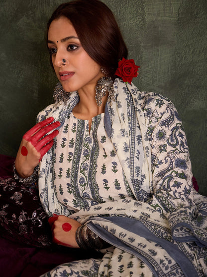 Elegant Hand Block Printed Cotton Kurta Set with Dupatta – Grey & White