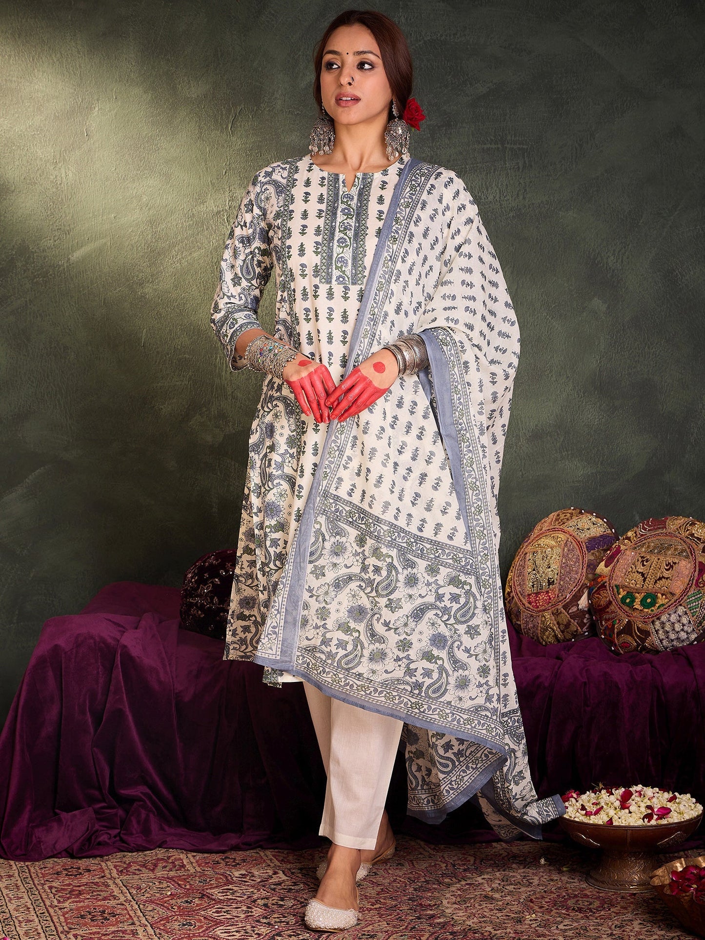 Elegant Hand Block Printed Cotton Kurta Set with Dupatta – Grey & White