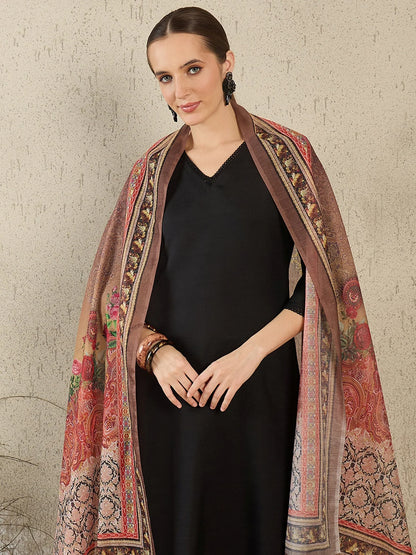 Classic Black Solid Kurta Set with Printed Shawl