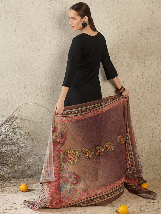 Classic Black Solid Kurta Set with Printed Shawl