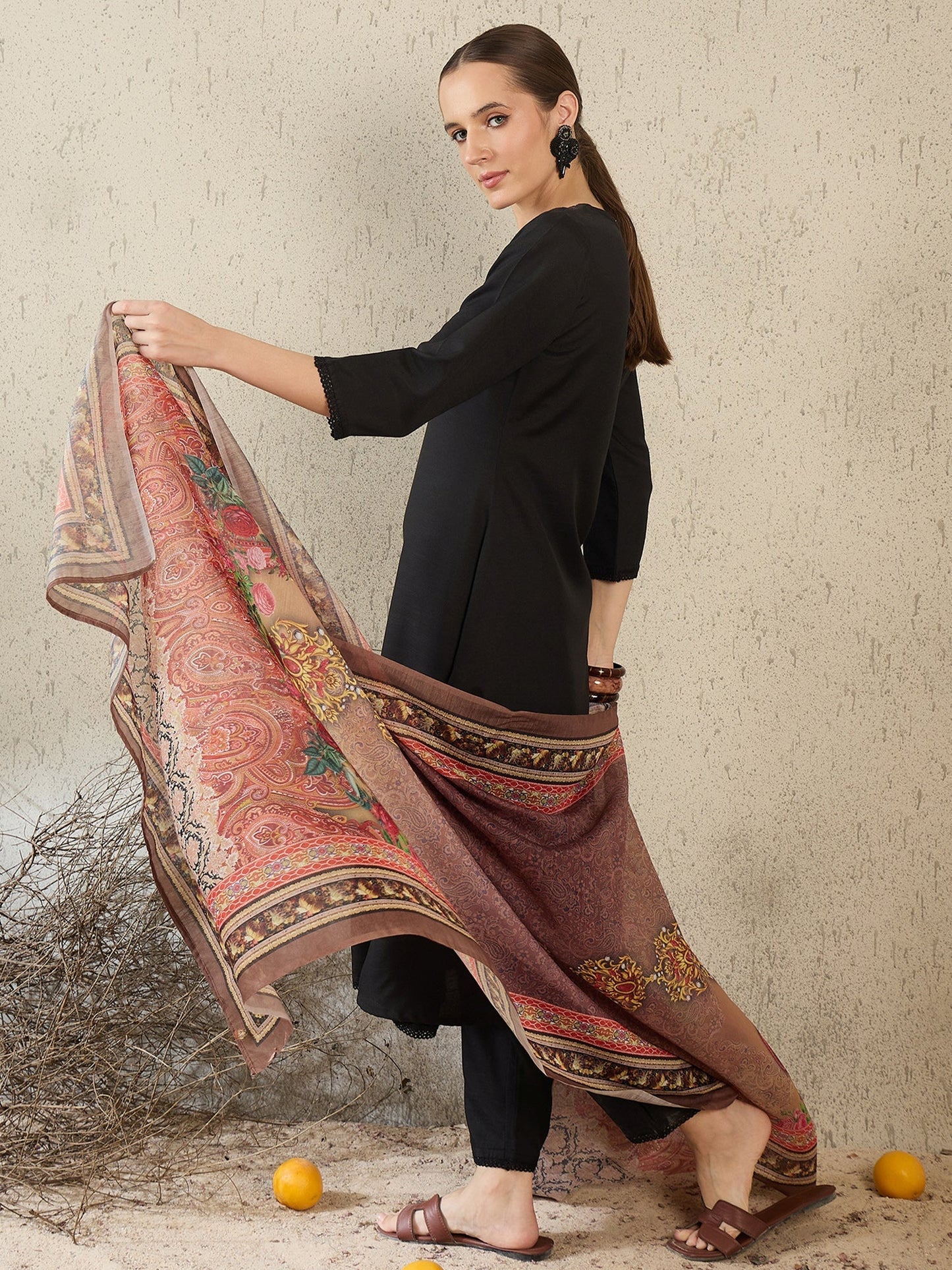 Classic Black Solid Kurta Set with Printed Shawl