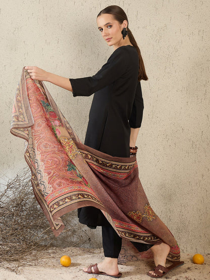 Classic Black Solid Kurta Set with Printed Shawl